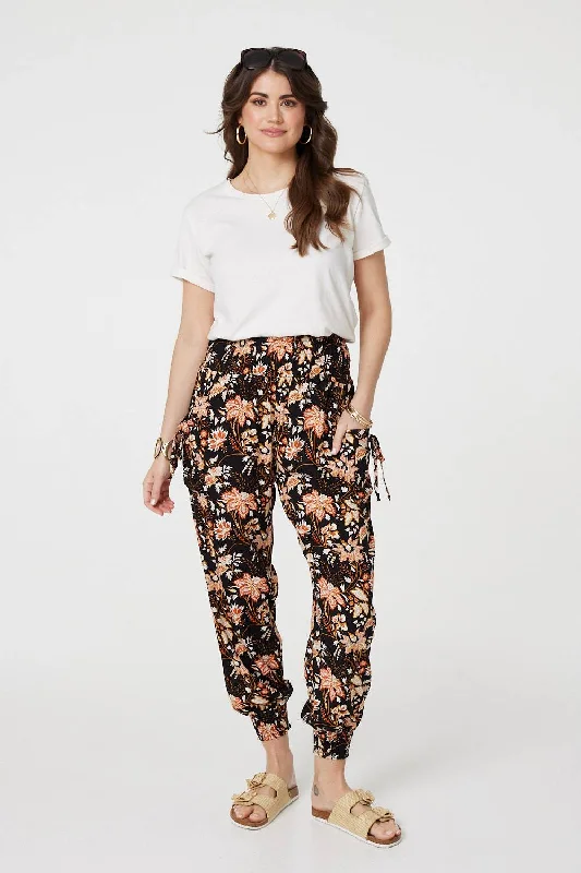 Vintage Floral Shirred Waist Harem Pants Soft Wool Pants