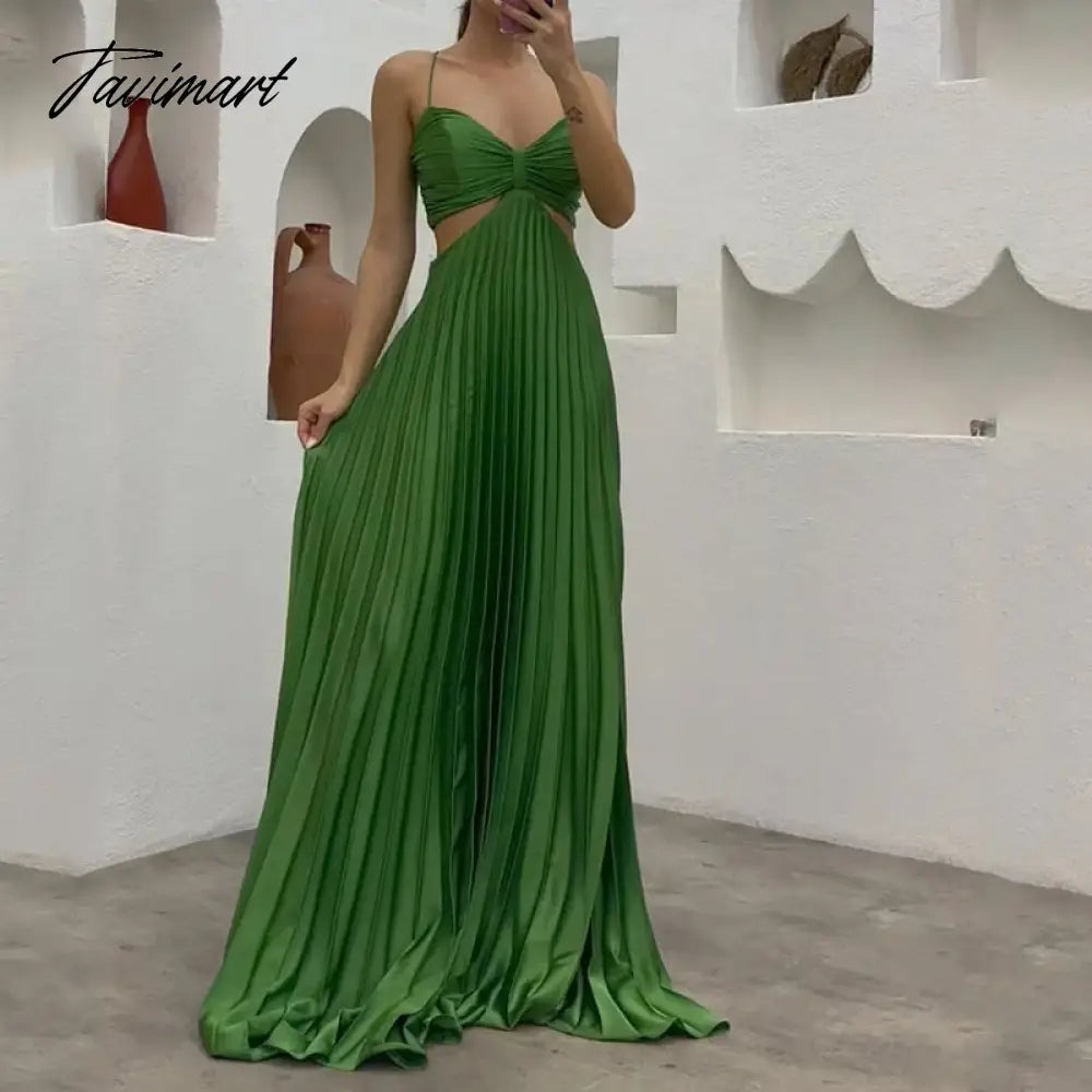 Tavimart Women Maxi Dress Summer Solid Sling Suspender Sleeveless Pleated Backless Lace Up Beach Party Dresses High Streetwear Off-the-shoulder Bohemian Festive
