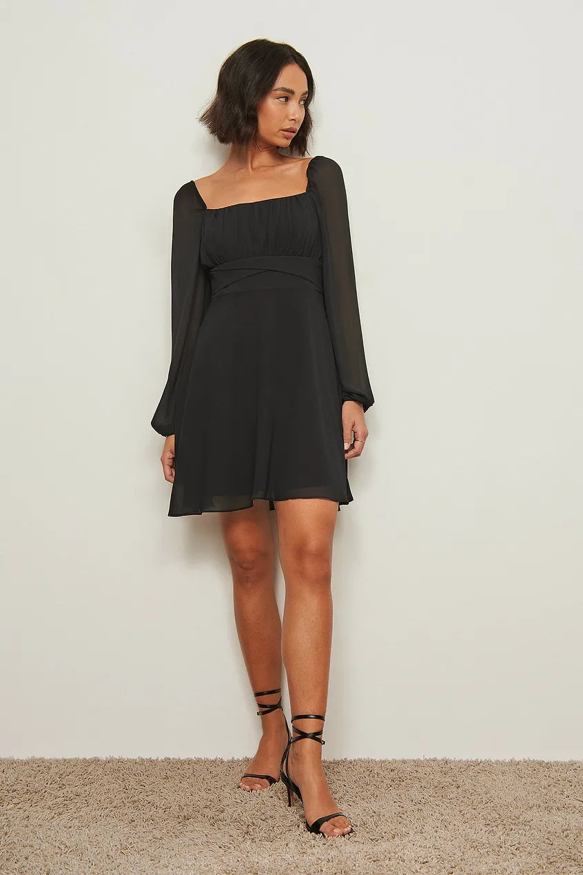 Long Sleeve Ruched Detail Dress Black Tunics Stylish modern
