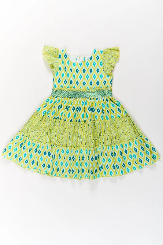 Cotton Dresses for Girls with Ikat Print and Ruffled Cap Sleeves Tunics Gym athletic