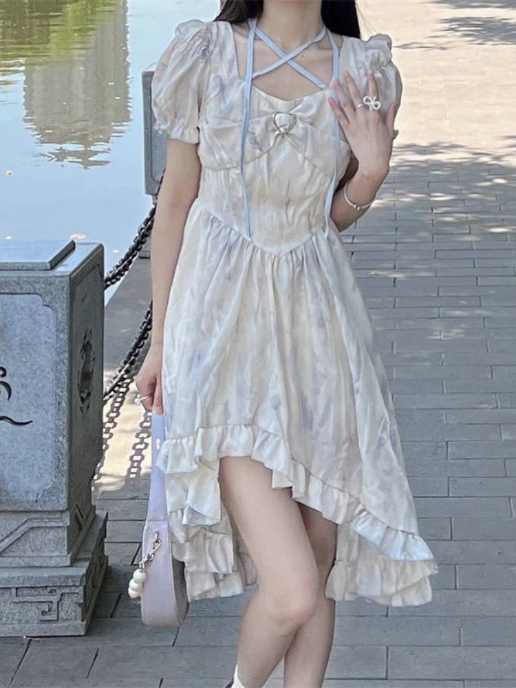 TAVIMART  -  Irregular Elegant Floral Midi Dress Women Sweet Printing Design Korean Fairy Dress Female Autumn Vintage Casual Party Dress Tunics Velvet soft