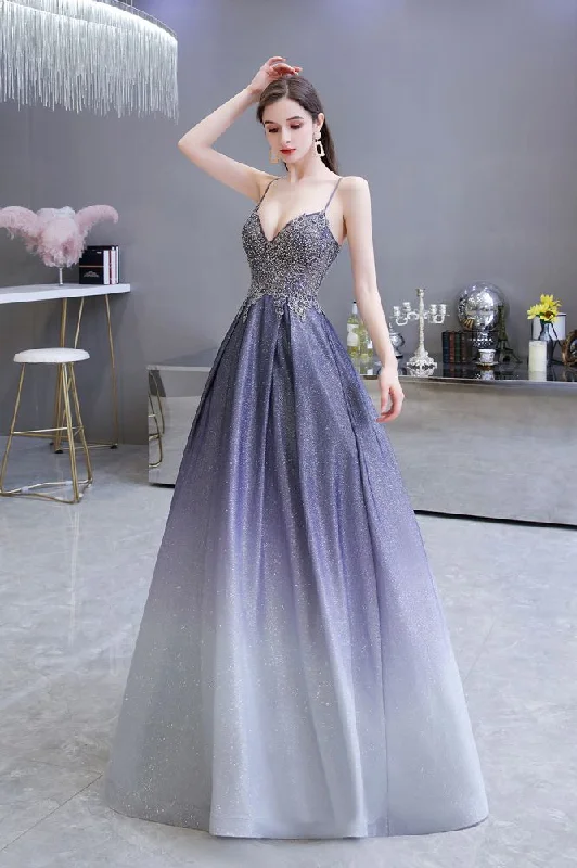 Glamous Spaghetti Ombre Purple Sparkly A-line Party Dress Glittery Long Formal