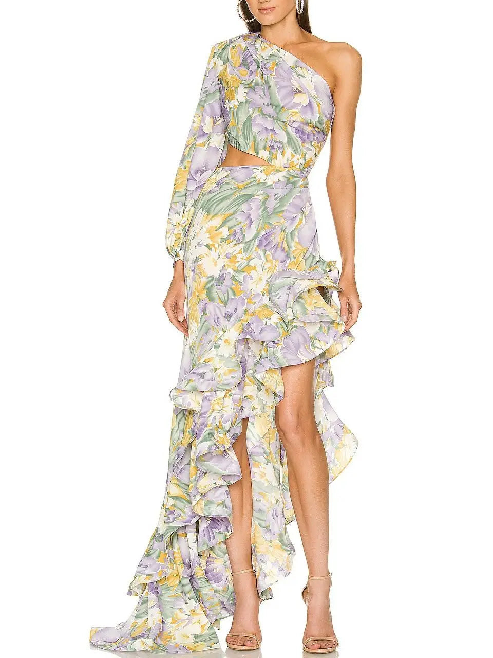 TAVIMART  -  New Women Summer Dress Sexy One Shoulder Floral Ruflles Long Chiffon Maxi Dress Elegant Split Evening Party Dress Tunics Party sparkling
