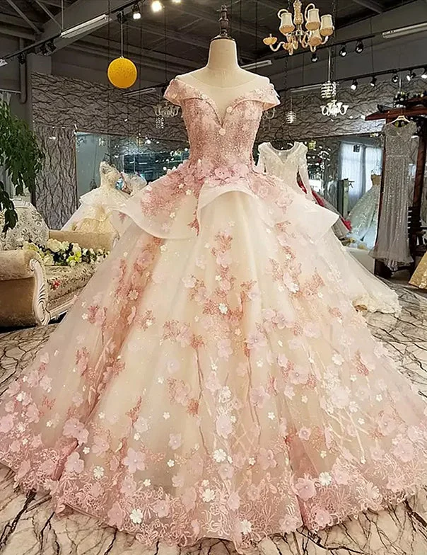 Beautiful Pink Tulle with Flowers and Beaded Long Party Dress, Pink Sweet Gown Tunics Luxurious premium