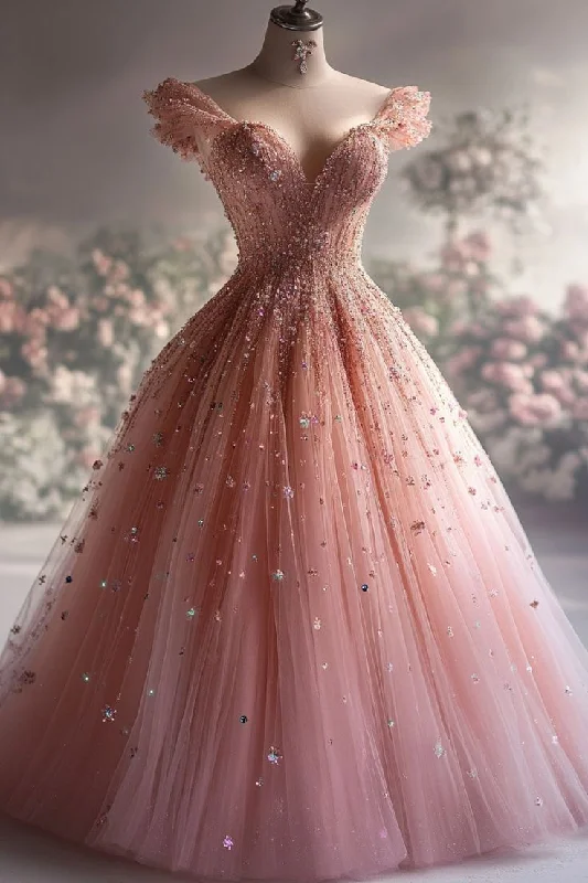 Bonnyshow Aesthetic Ball Gown Off The Shoulder Pink Tulle Party Dress Long Prom Dress Evening Dresses SD1768 Tunics Travel practical