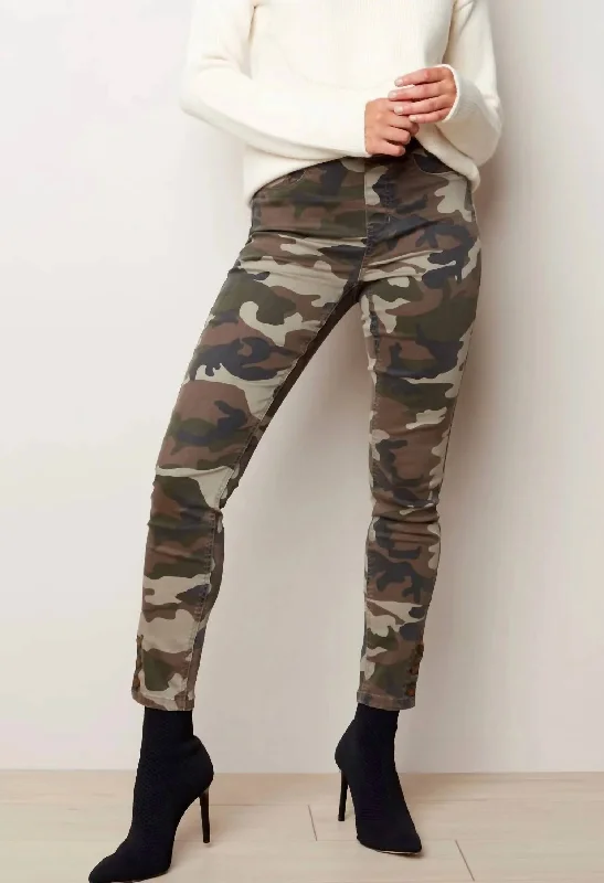 Printed Twill Pants With Snap Button Hem in Pine Camo Casual Plaid Pants