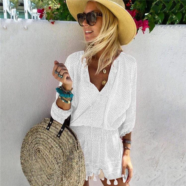 Women's Printed Dress V Neck Elastic Waist Fringed Beach Dress Tunics Lace romantic