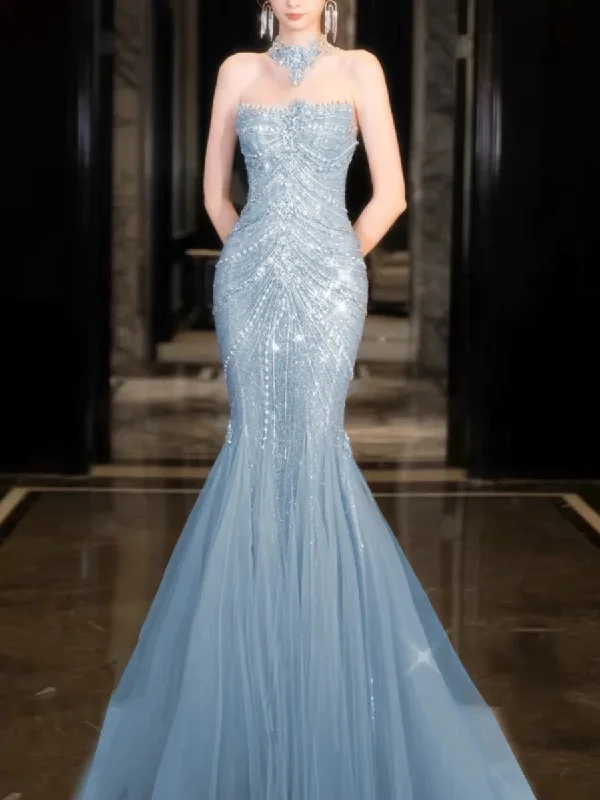 Bonnyshow Classy Mermaid High Neckline Tulle Blue Beads Long Party Dress Prom Dresses SD1838 Tunics Lace romantic