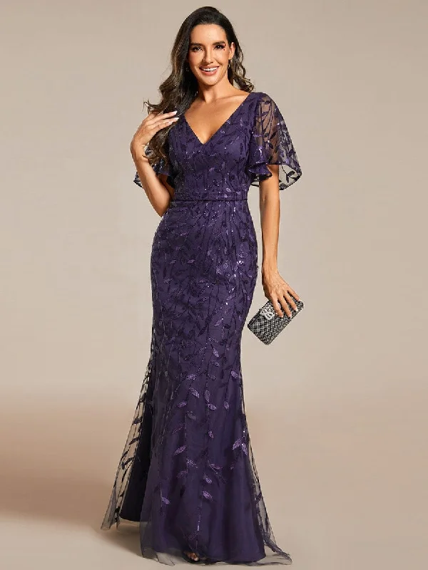 Gorgeous V Neck Leaf-Sequined Fishtail Party Dress Tunics Timeless classic