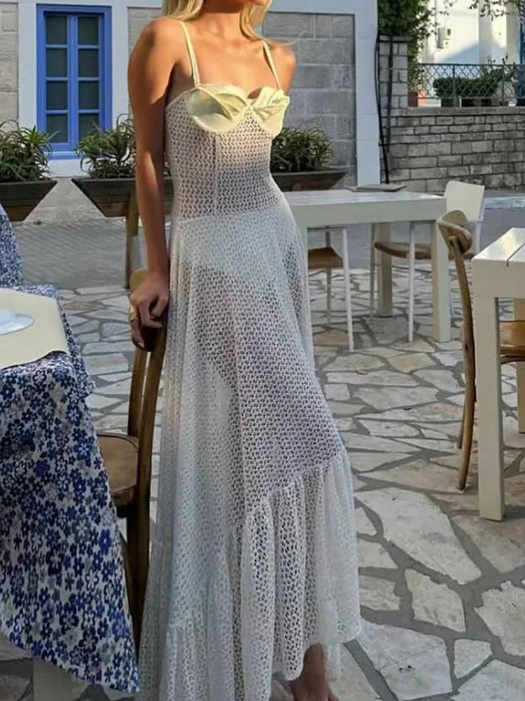 TAVIMART  -  Sheer Patchwork Beach Style Maxi Dress, Women Summer Spaghetti Strap Fashion Party Dress, 2025 Sleeveless Sexy Chic Ladies Dress Crew Neckline Casual