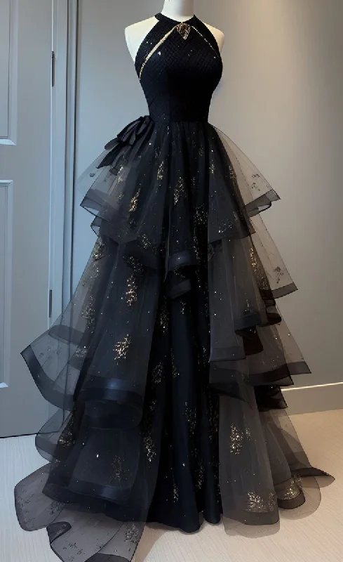 Bonnyshow Retro Ball Gown Scoop Neckline Black Tulle Party Dress Prom Dresses Evening Dress SD1767 Tunics Plaid country