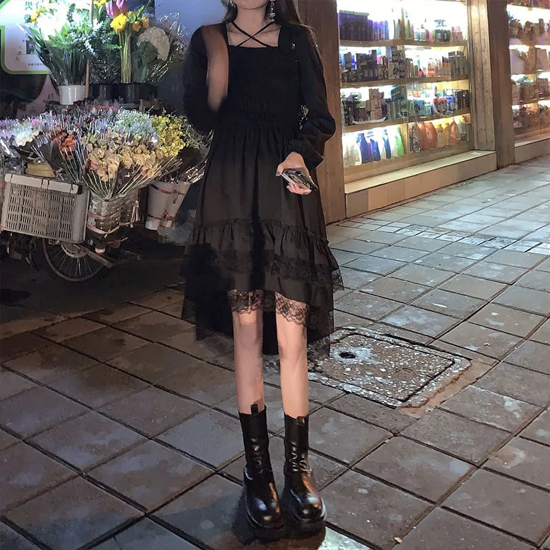 Bonnyshow  New Gothic Women Black Fairy Party Dress Cross Square Collar Cute Lace Ruffles Chic Dress Spring Summer Dress Tunics Luxurious high-end