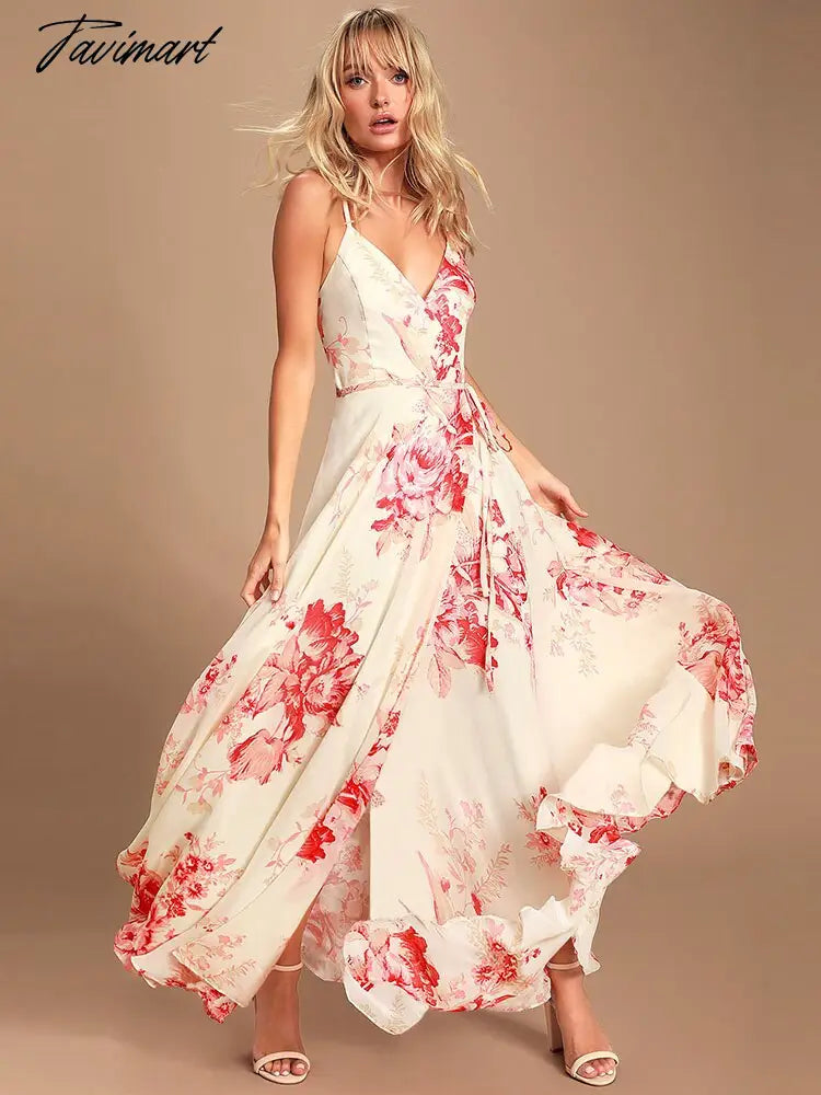 Tavimart Floral Elegant Maxi Dresses for Women Backless Split Sexy Robe Female Clothing Summer Prom Party Dresses Women's Vestidos Boat Neckline Classic