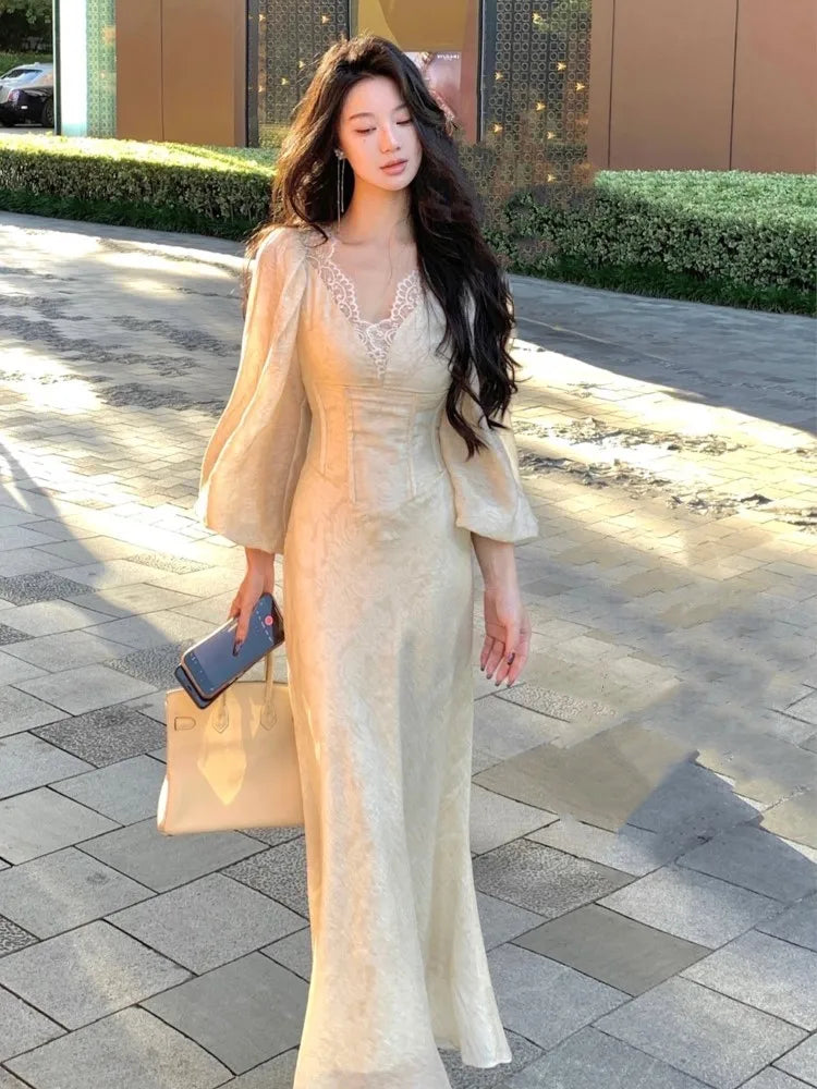 TAVIMART  -  Autumn Bodycon Midi Dresses for Women Lantern Sleeve Lace V-neck Slim Waist Mermaid Wedding Evening Party Dress Female Vestidos Boat Neckline Classic