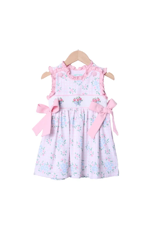 Smocked Flower Bouquet Bow Knit Dress Tunics Silk luxurious