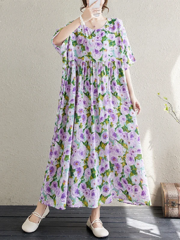 Women's Summer Printed Flower High Waist Smock Dress Tunics Velvet soft