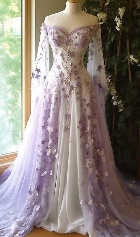 Bonnyshow Aesthetic Ball Gown Off The Shoulder Tulle Lilac Party Dresses Long Prom Dress Evening Dresses SD1793 Turtleneck Warm Winter