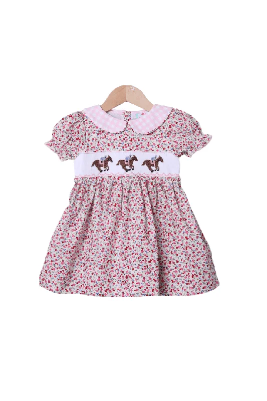 Smocked Floral Pink Gingham Derby Dress Crew Neckline Sporty