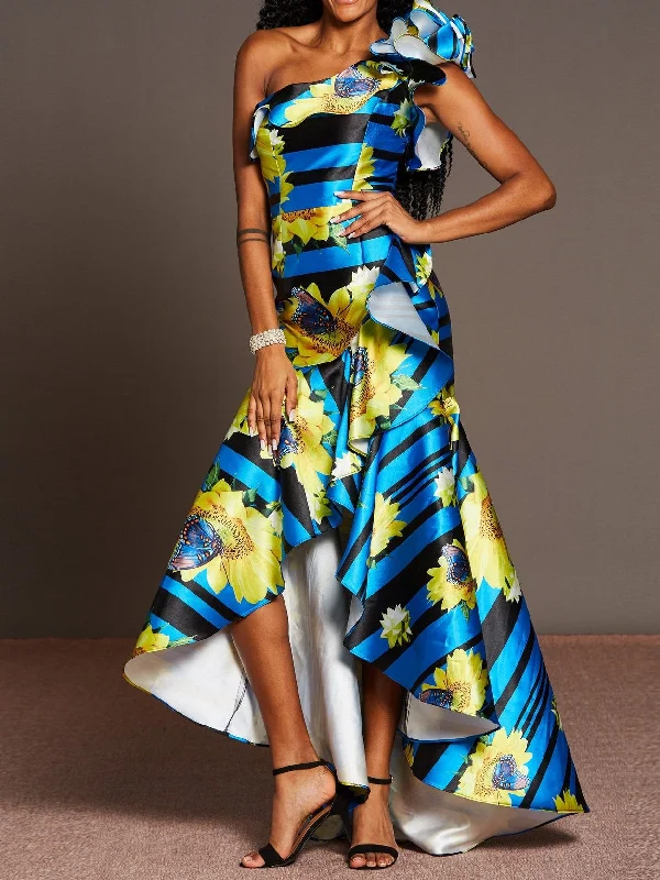 Elegant Fashion Printed Irregular Off The Shoulder Party Dress Tunics Satin smooth