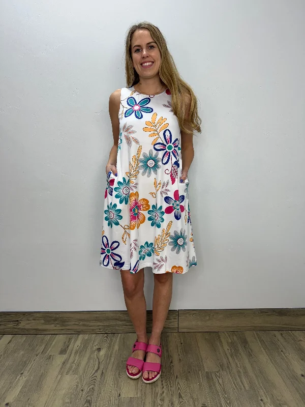 White Floral Sleeveless Aline Dress with Keyhole Tunics Brand named