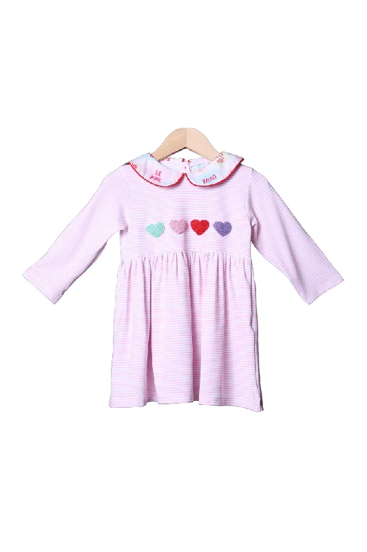 French Knot Candy Heart Pink Stripe Dress Casual Short Summer