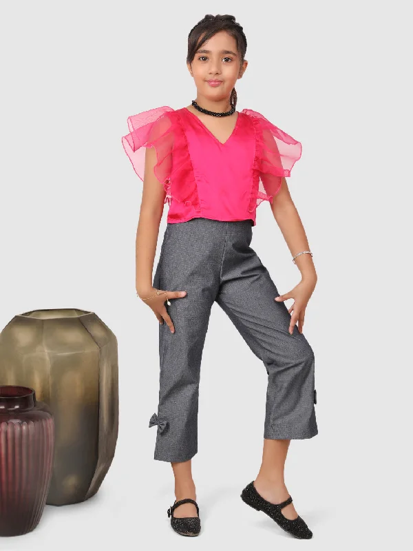Ruffle Sleeve top with Pants Pink and Grey Chic Checkered Pants
