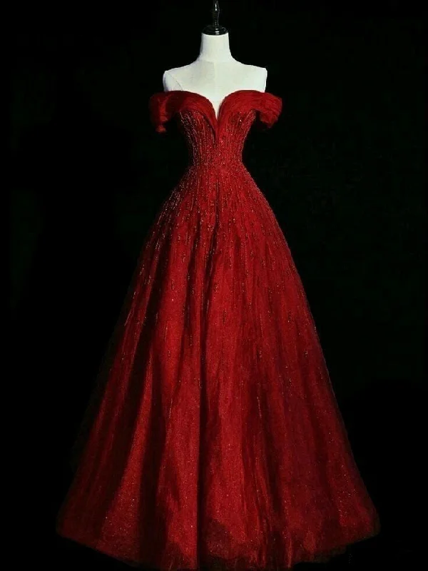 Bonnyshow Classy Ball Gown Off The Shoulder Burgundy Long Party Dress Tulle Prom Dresses SD1809 Lace Sexy Club