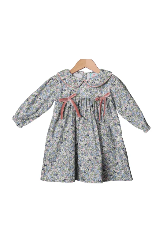 Pretty Floral Pink Velvet Bow Dress A-Line Day Work