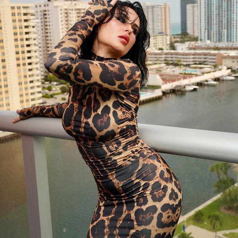 Bonnyshow Print Leopard Print Slim Long Dress Women's Fashion Long Sleeve Sexy Party Dress Summer Street Leopard Print Long Dress 2024 New Tunics Long Elegant