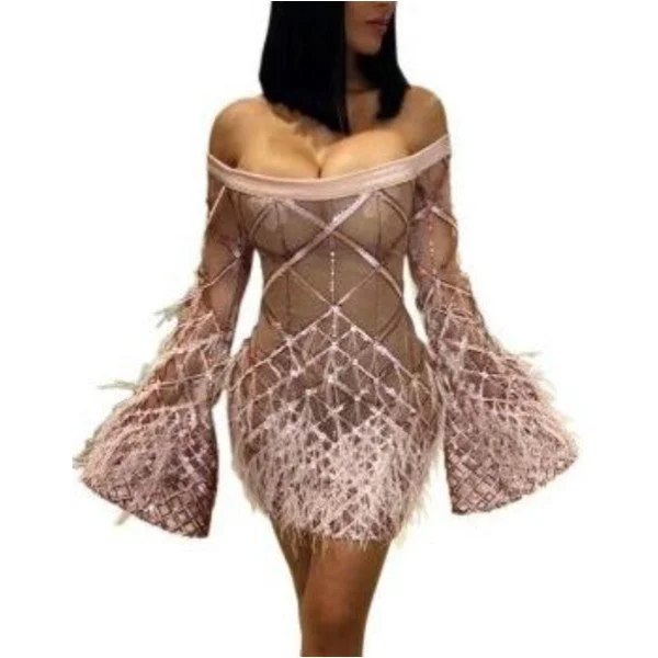 MB FASHION Off-Shoulder Feather Sleeve Embellished Party Dress 8152 Tunics Practical durable