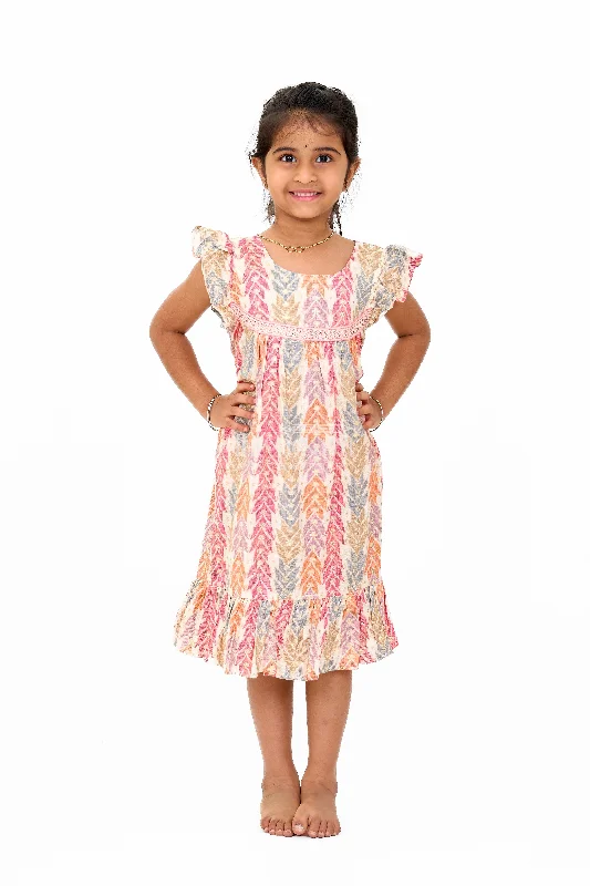 Elegant Girls Cotton Chikan Dress with Vibrant Chevron Print and Intricate Lace Details Tunics Denim casual
