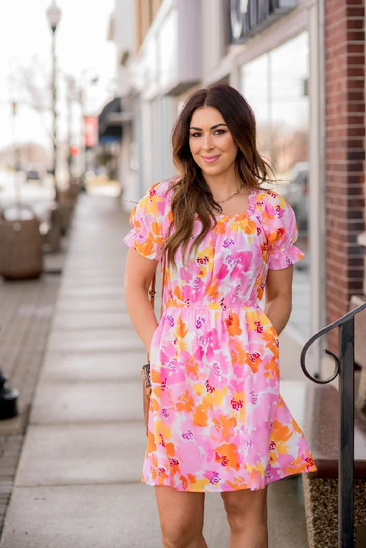 Bold Floral Puff Sleeve Dress Tunics Bridal satin