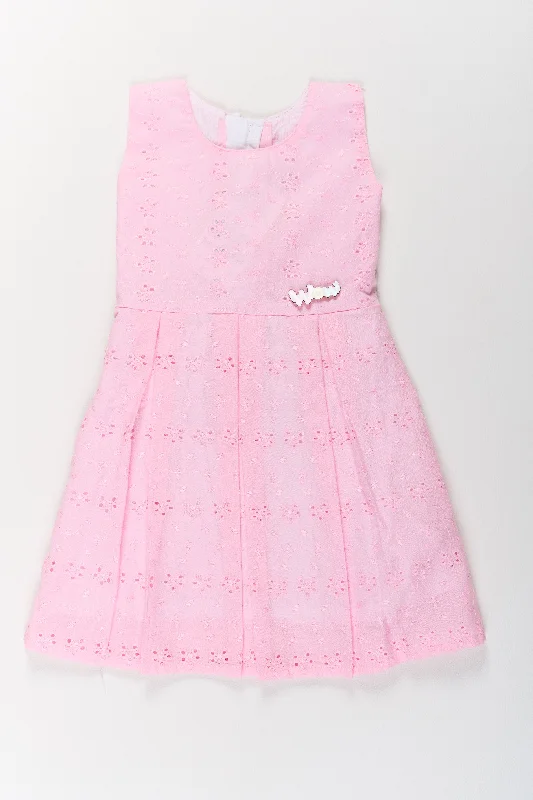 Girls Cotton Dress Short in Pink with Elegant Eyelet Detailing Tunics Luxurious premium