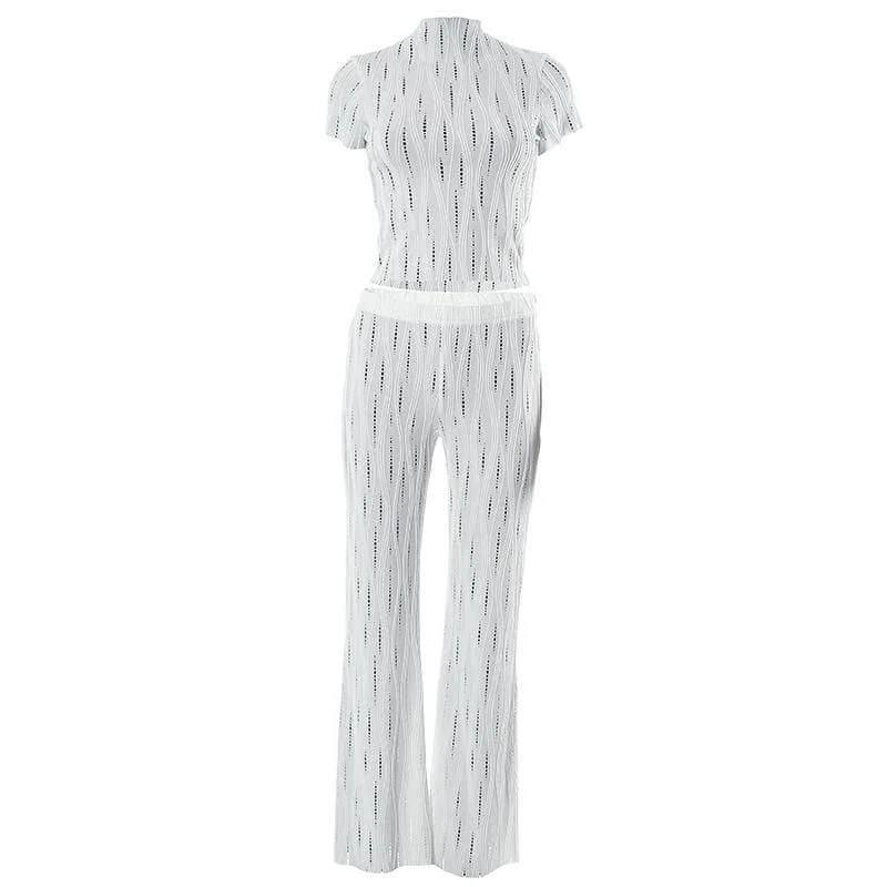 Textured solid hollow out short sleeve high neck pant set Classic Flared Pants