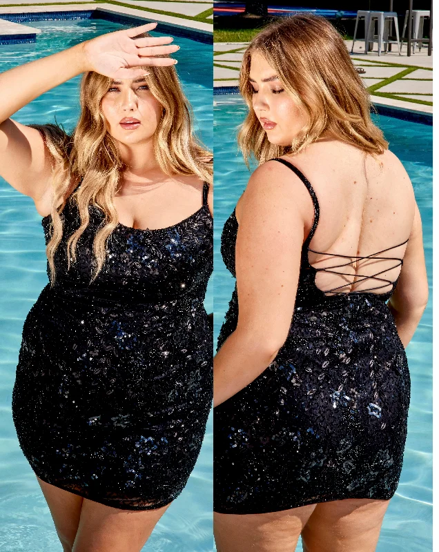 Primavera Couture 14028 Curvy Cocktail Dress Beaded Sequin Floral Design Spaghetti Strap Open Tie Back Short Curvy Homecoming Cocktail Dress Tunics Fleece cozy