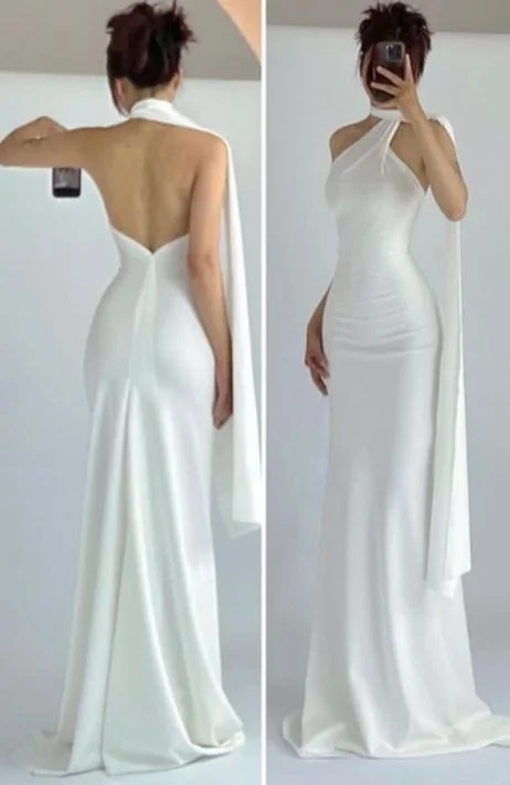 Bonnyshow Simple Mermaid High Neckline White Party Dress Long Prom Dresses SD1462 Tunics Leisure comfortable