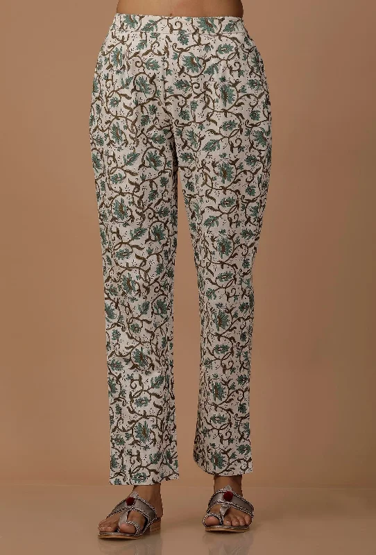 White and Blue Floral Cotton Flex Pants Cozy Maternity Pants