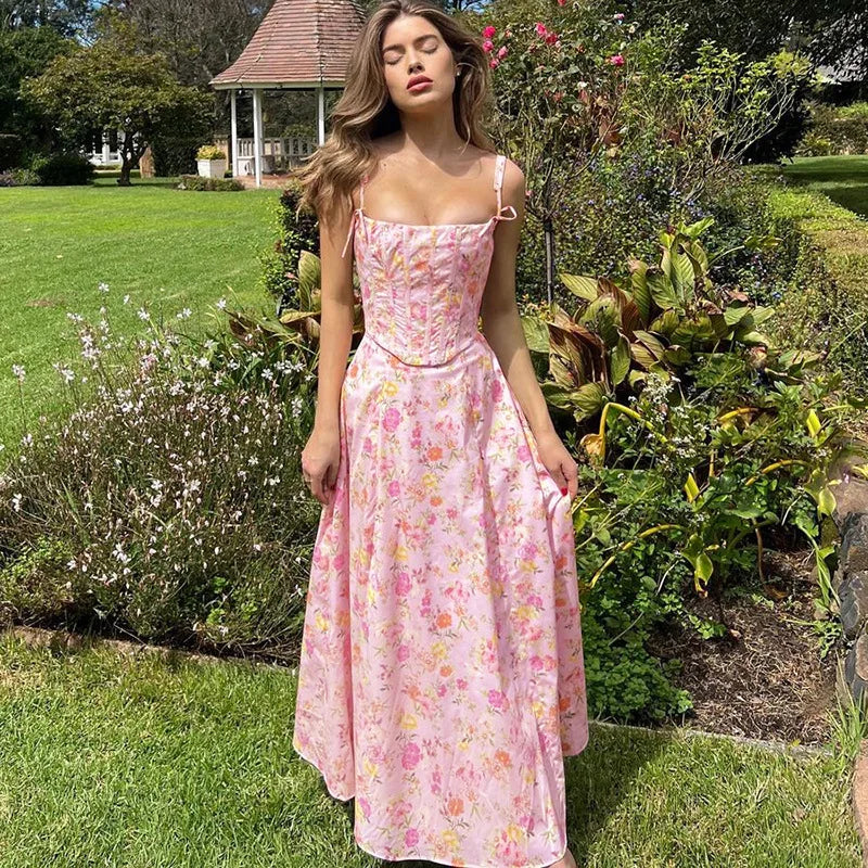 Bonnyshow  Summer Sweet Style Dress Fashionable Floral Splicing Fishbone Wrapped Breast Strap Princess Dress Sexy Party Dress Club Out Tunics Chinos classic