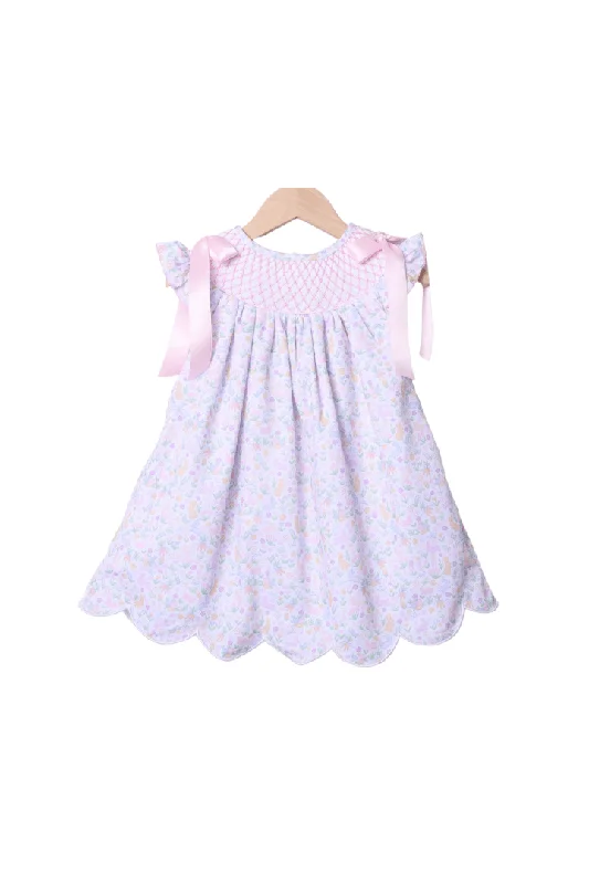 Smocked Sweet Bunny Floral Scalloped Dress Tunics Yoga stretchy