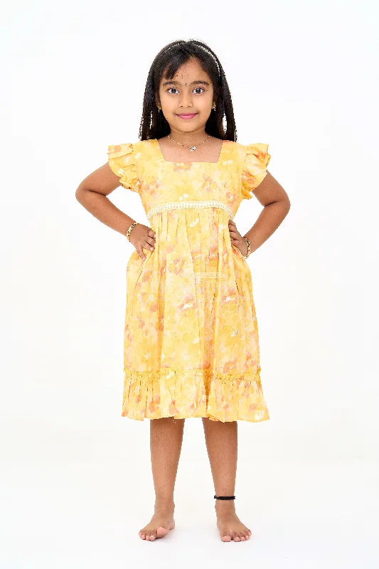 Girls Cotton Summer Dress for Babies with Yellow and Orange Floral Prints Tunics Occasion special