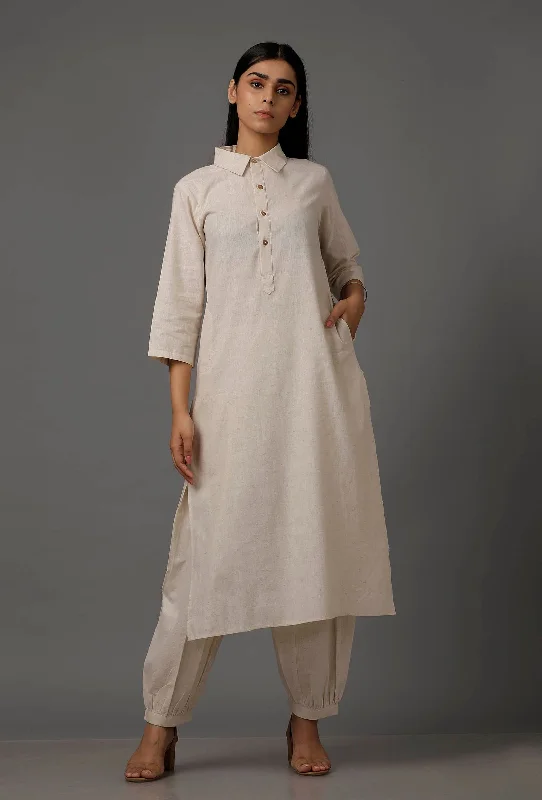Set of 2: White Pure Woven Cotton Kurta and Pants Cozy Full-Length Pants