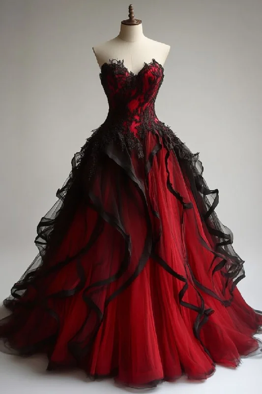 Bonnyshow Retro Ball Gown Sweetheart Tulle Red Party Dress Black Prom Dress Evening Dress SD1759 Crew Neckline Sporty