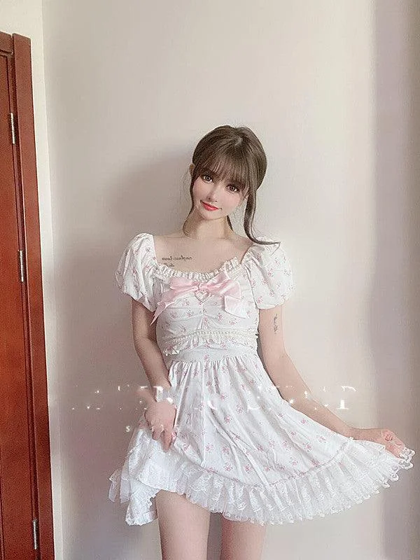 Sweetheart Princess Bowknot Love Diamond Pearl Rose Cake Lace Ruffled Puff Sleeve Waist Dress Tunics Travel practical Sweetheart Princess Bowknot Love Diamond Pearl Rose Cake Lace Ruffled Puff Sleeve Waist Dress Tunics Travel practical