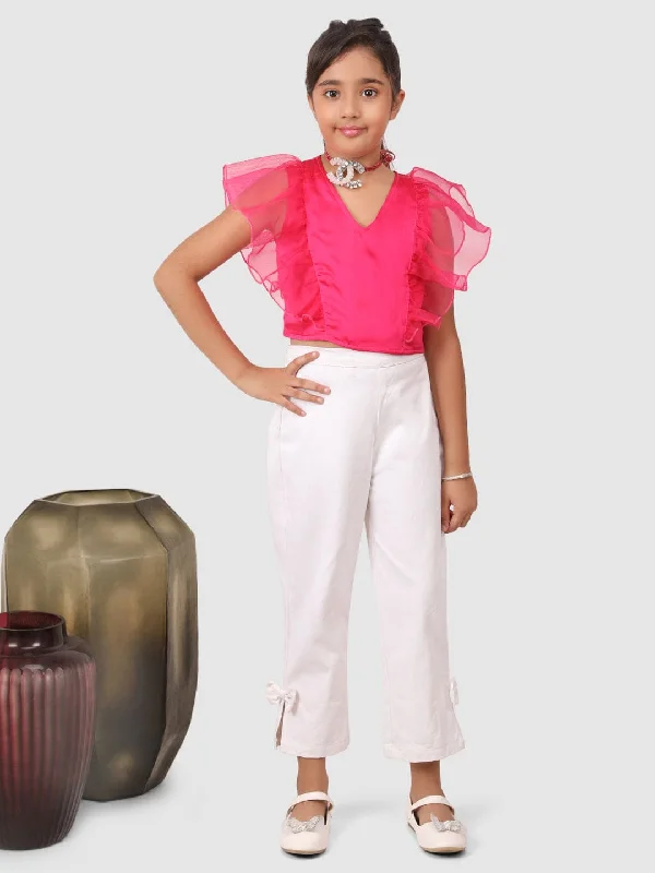 Ruffle Sleeve top with Pants Pink and White Casual Skinny Fit Pants
