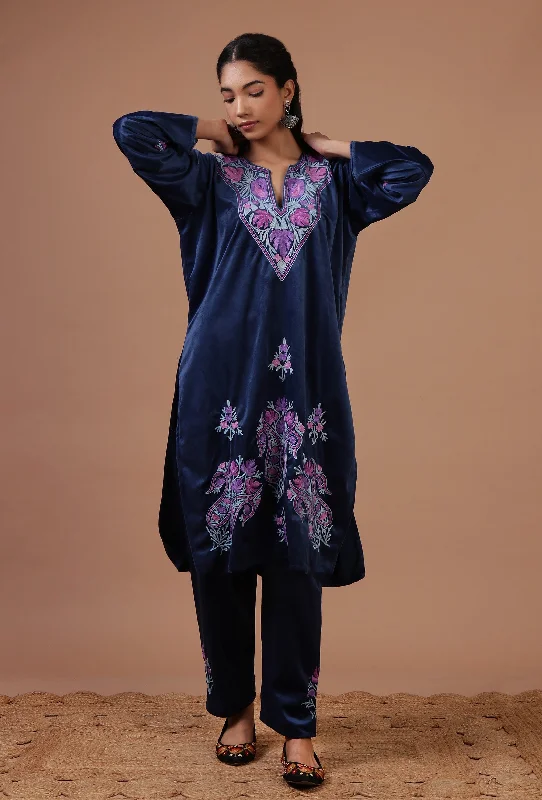 Blue Zodiac Velvet Ari Embroidered Kurta & Pant Set- Free Size Comfy Cargo Trousers