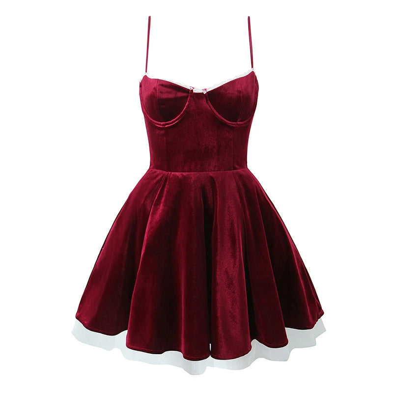 TAVIMART  -  Lace Trim Wine Red Sling Mini Dresses For Women A-line Slim Birthday Party Dress Sexy Elegant Christmas Robe Tunics Formal black
