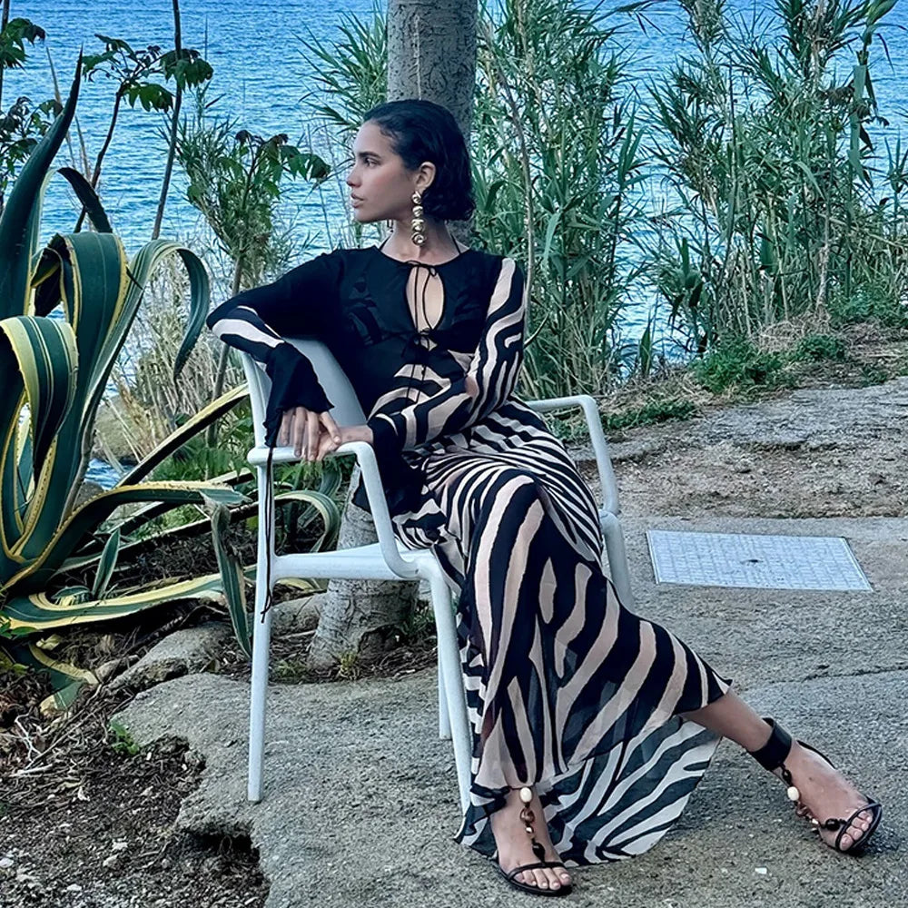 Bonnyshow Zebra Print Beach Dress Women Sexy Chiffon See Through Slim Maxi Party Dresses Summer Fashion Patchwork Holiday Outfits Tunics Recommended stylist