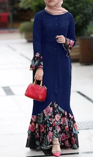 Spliced Flower Print Design Long Sleeve Button Decoration Loose Long Dress Tunics Gym athletic