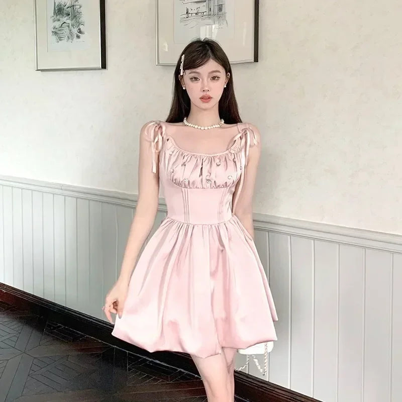 TAVIMART  -  Sexy Women Little Pink Dress Satin Beading Corset Slim Suspender Short Mini Dress Fashion Short Elegant Birthday Party Dress Tunics Denim casual