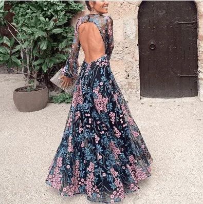 Sexy backless slim print long dress longuette Tunics Chic elegant